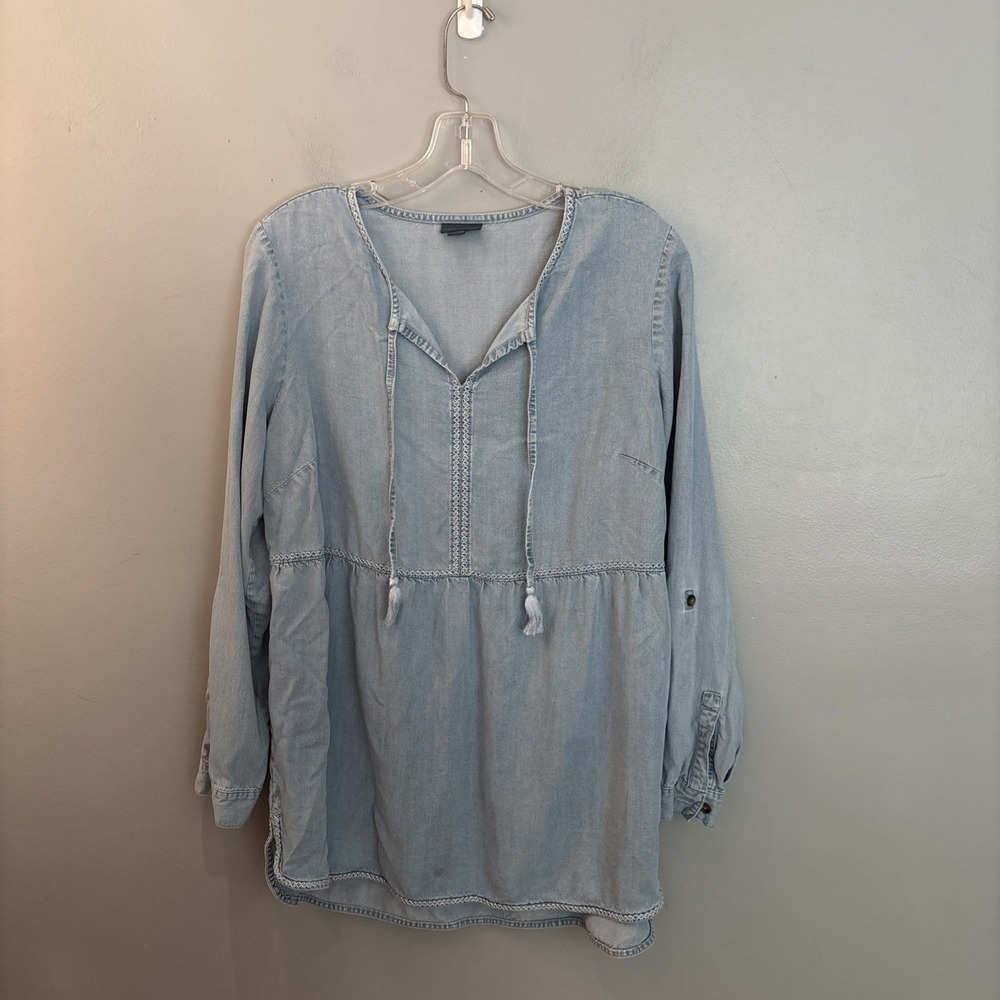 J. Jill Denim Chambray‎ Boho Peasant Blouse Tassel Ties Roll Tab Sleeves Small